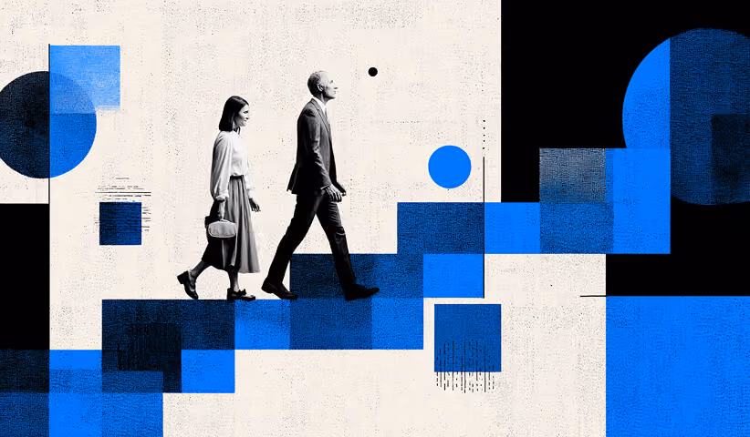 Two professionals walking upward along geometric steps, representing structured growth and progression in campaign performance.