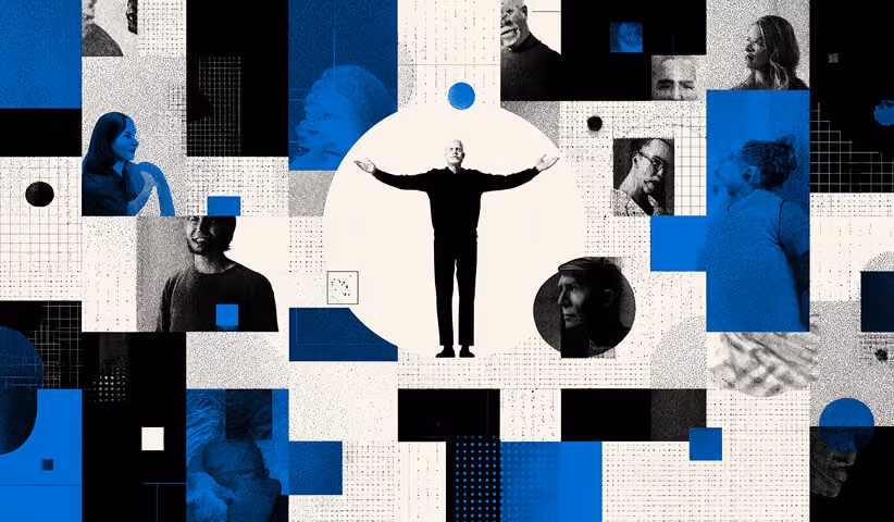 Central figure surrounded by multiple faces and profiles, representing audience segmentation, personalization, and diverse customer targeting.