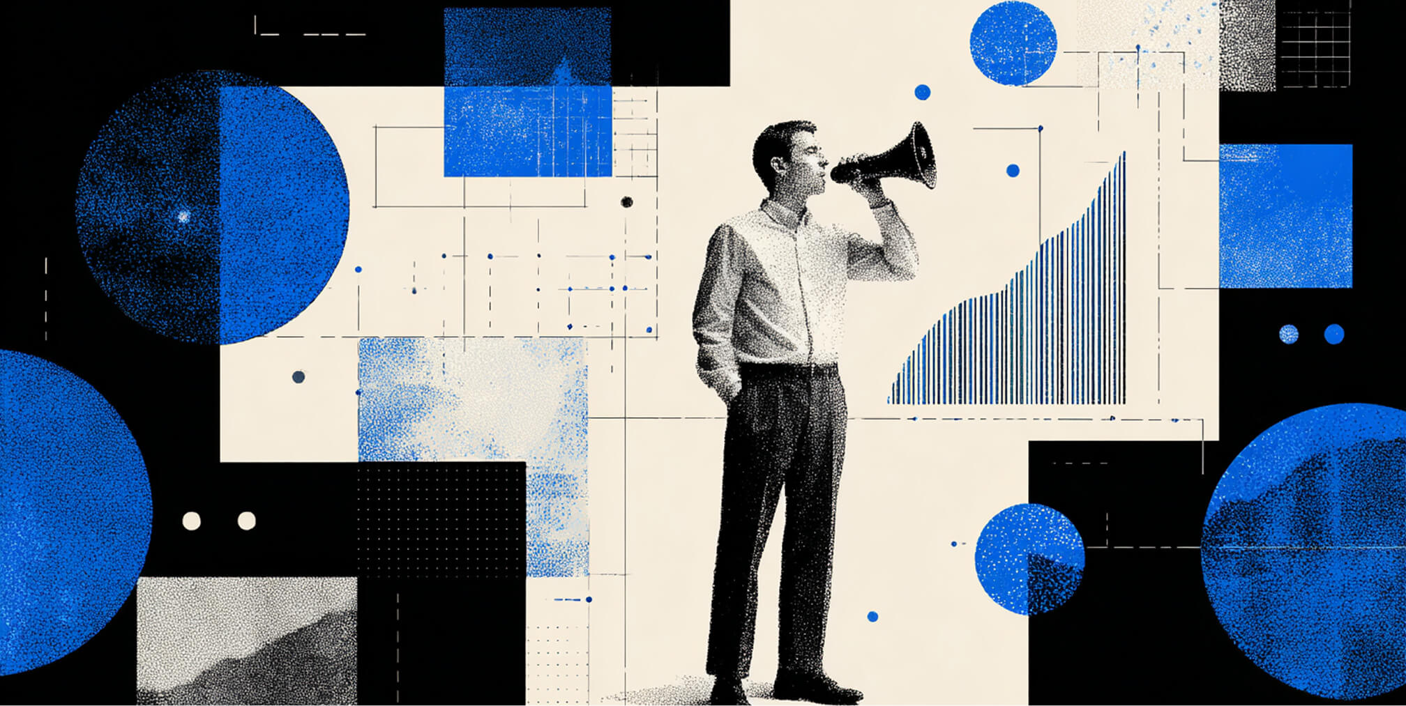 Man speaking through a megaphone beside a rising chart, representing creative messaging as the primary driver of ad performance.