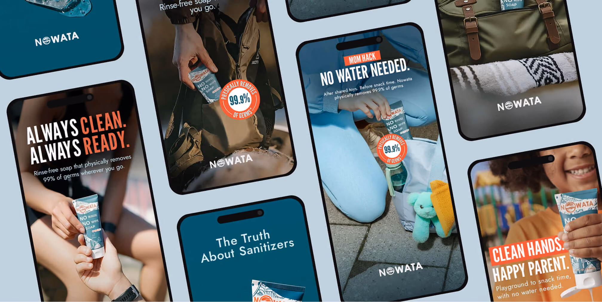 Collection of mobile ad creatives showcasing NOWATA products with bold headlines and lifestyle visuals, representing high-performing ecommerce ad creative for Meta campaigns.