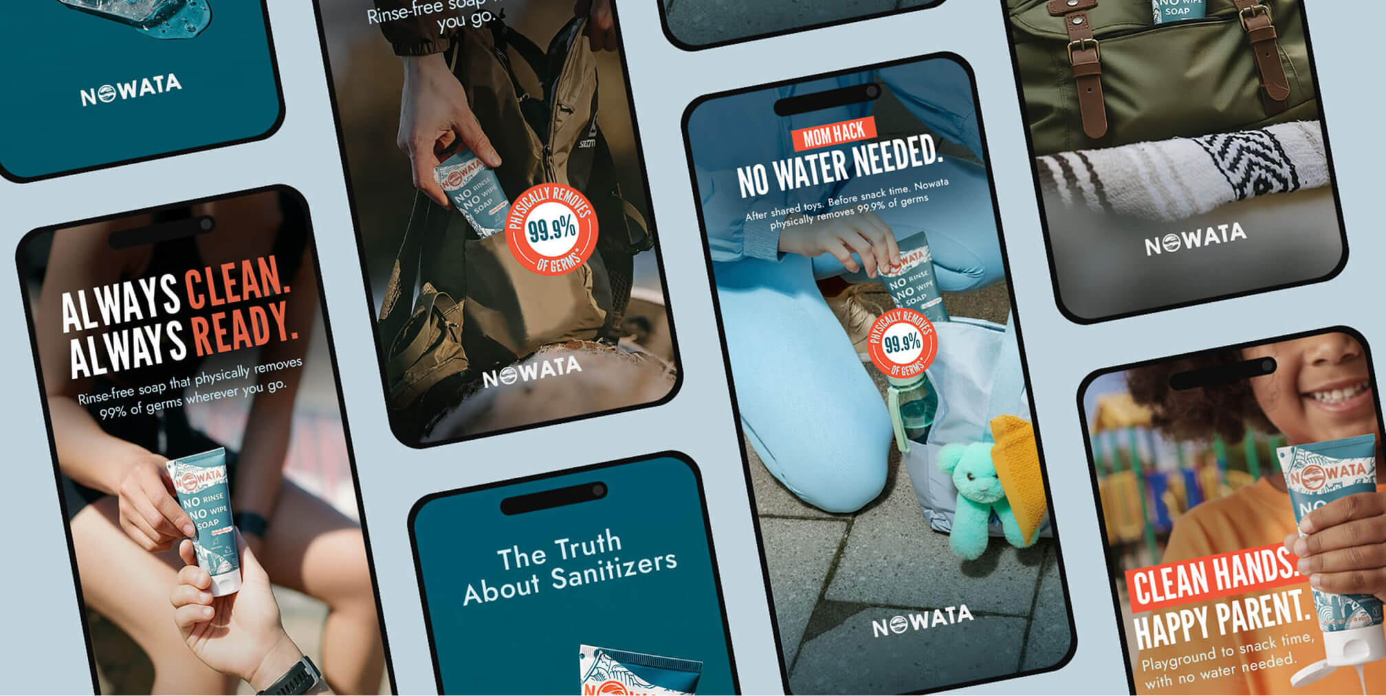 Collection of mobile ad creatives showcasing NOWATA products with bold headlines and lifestyle visuals, representing high-performing ecommerce ad creative for Meta campaigns.