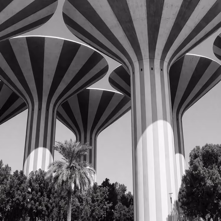 Black and white image of Kuwait’s iconic striped water towers surrounded by palm trees.