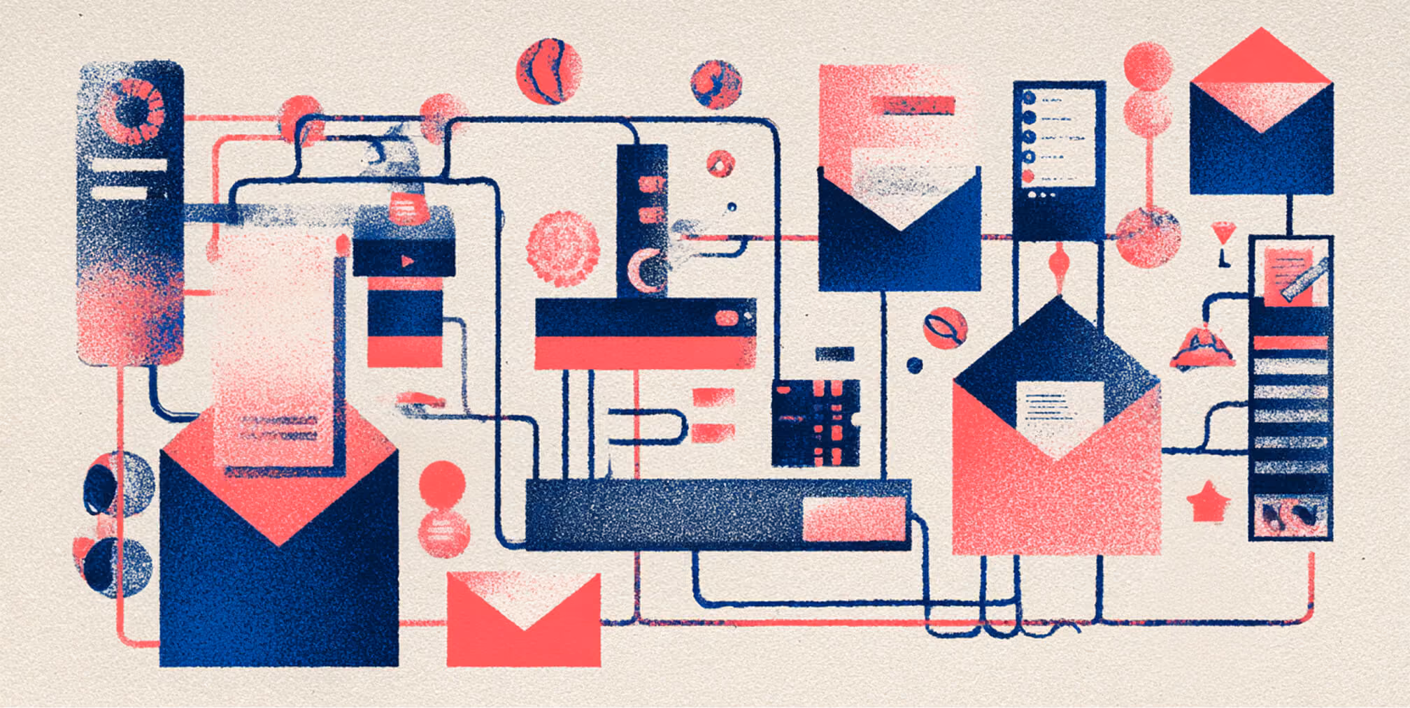 Abstract illustration of a connected email marketing system with envelopes, automation flows, and data nodes, representing Klaviyo-powered lifecycle marketing and customer journeys.