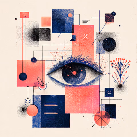 Stylized composition of an eye surrounded by data blocks and interface elements, symbolizing customer insights, tracking, and behavior-driven email personalization.