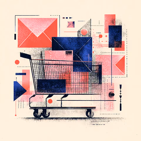 Ecommerce shopping cart layered with envelopes and digital UI elements, representing abandoned cart emails and automated recovery flows in ecommerce marketing.