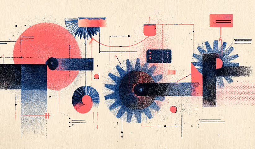 Mechanical gears and connected shapes in motion, symbolizing automated email workflows, segmentation logic, and lifecycle marketing systems.