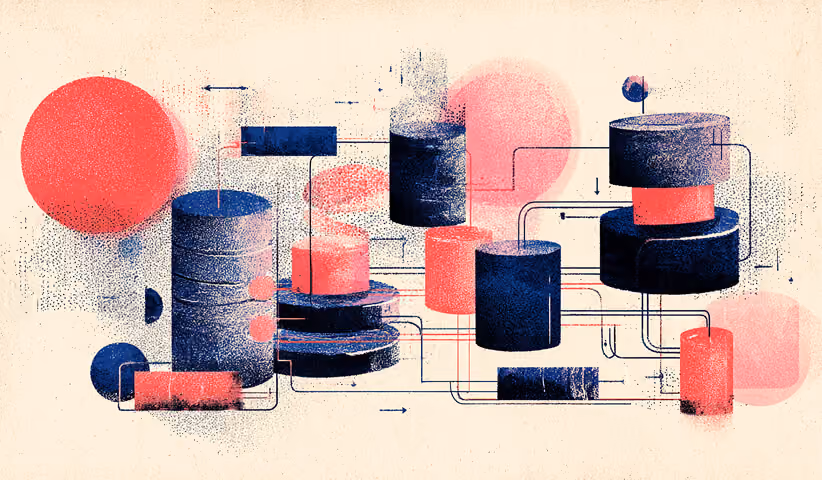 Layered cylindrical data structures connected by flowing lines, representing customer data pipelines and segmentation powering personalized email campaigns.