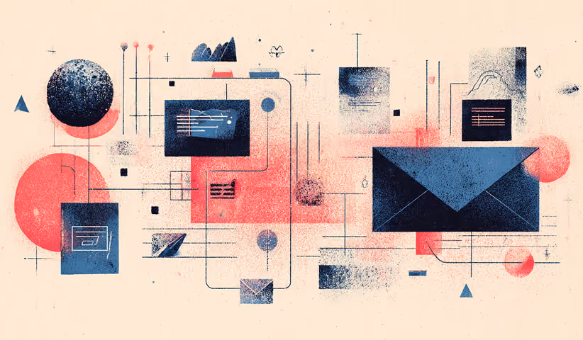 Abstract interface with charts, envelopes, and data nodes, visualizing campaign analytics, email performance tracking, and optimization processes.