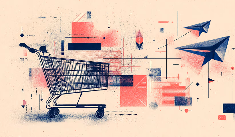 Shopping cart with directional arrows and paper planes, symbolizing email-driven conversions, customer journeys, and revenue growth from lifecycle marketing.