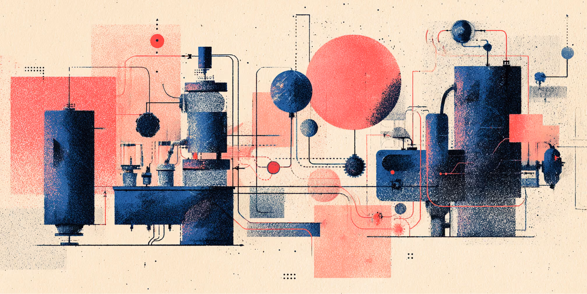 Complex system of connected machines and pipelines, symbolizing a fully integrated Klaviyo email marketing engine driving automated ecommerce growth.