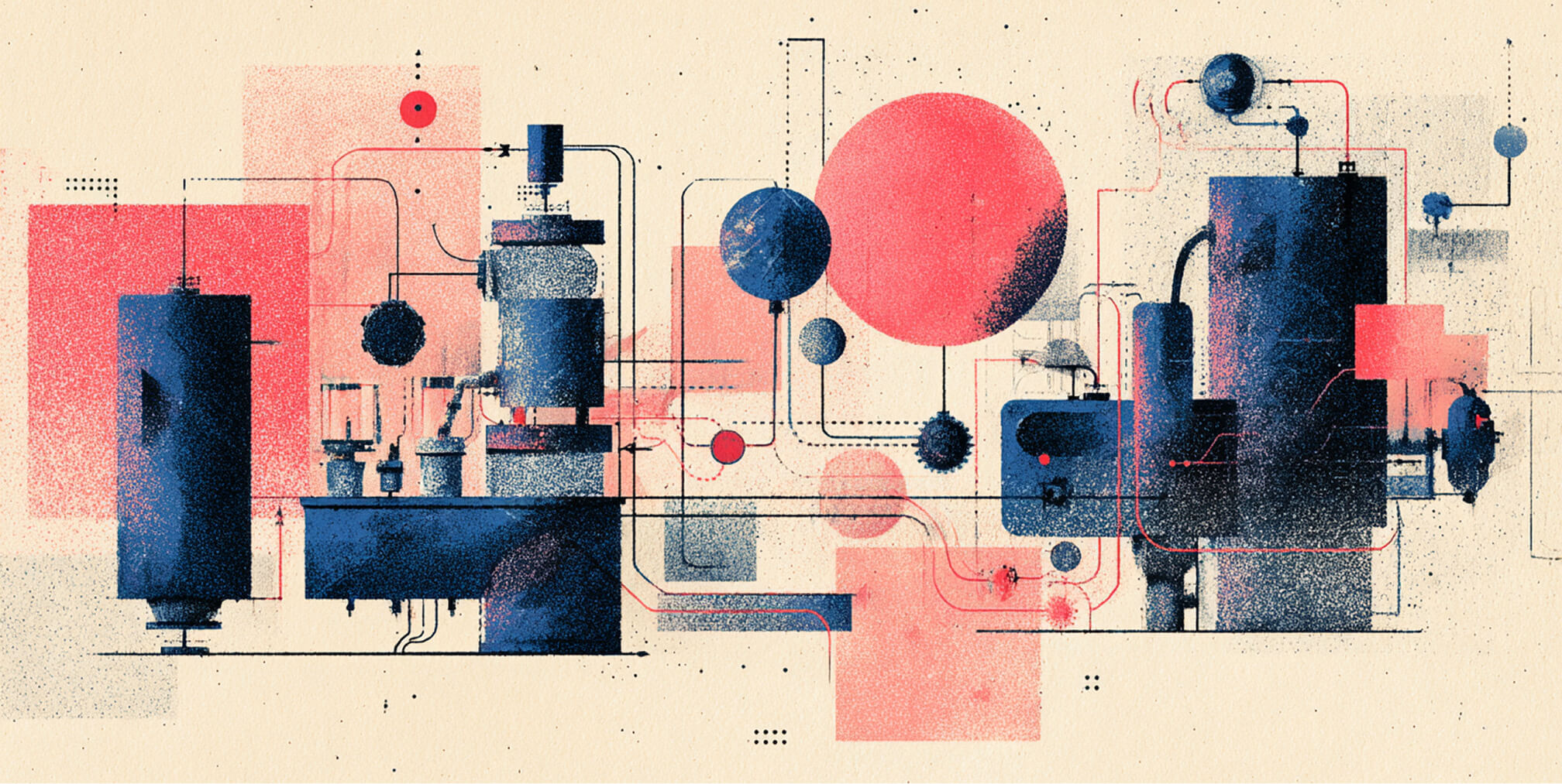 Complex system of connected machines and pipelines, symbolizing a fully integrated Klaviyo email marketing engine driving automated ecommerce growth.