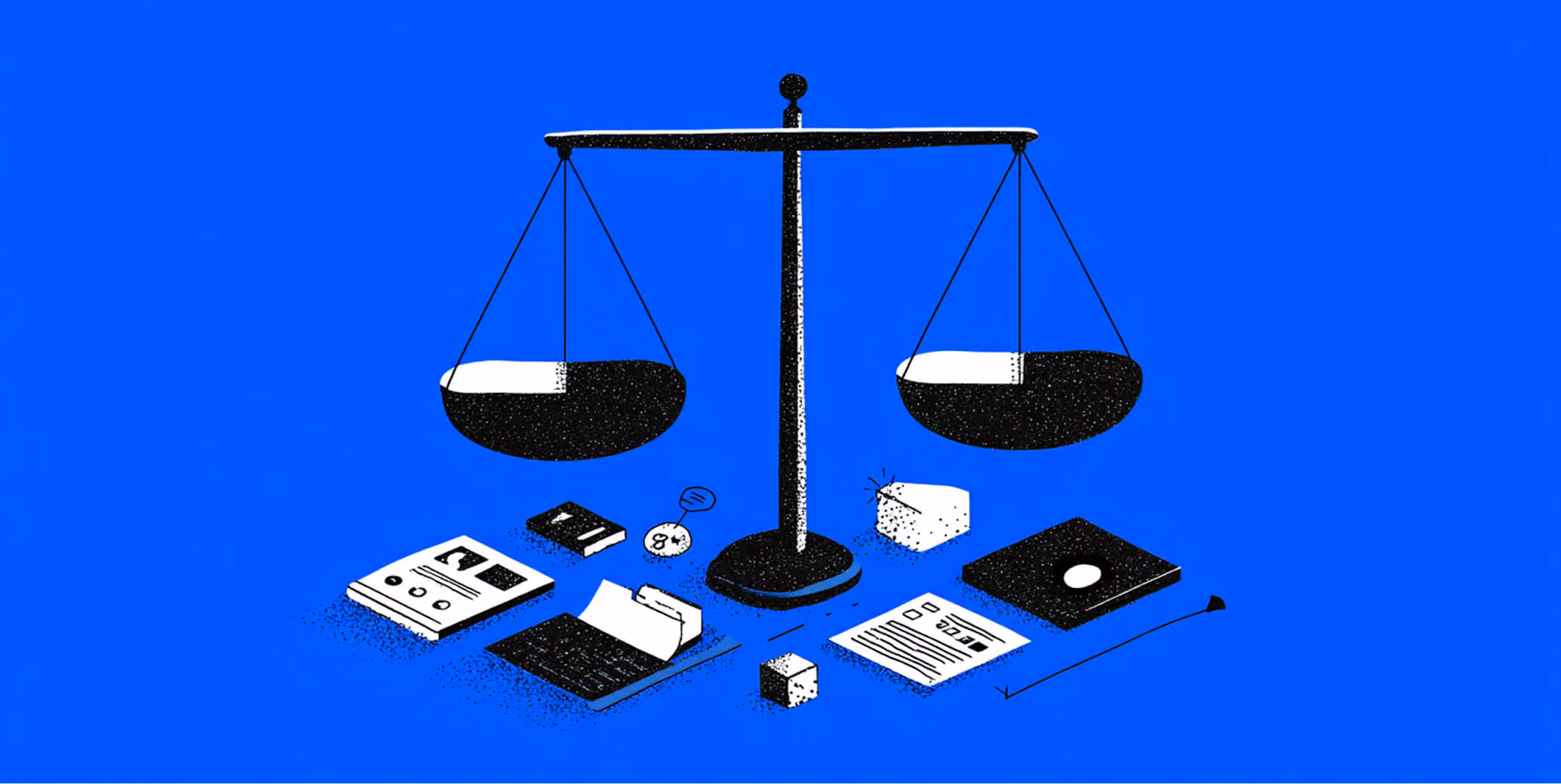 Balanced scale surrounded by legal documents and tools, symbolizing fairness, compliance, and strategic decision-making in legal marketing.