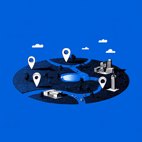 Map with location pins and city elements, illustrating local SEO, geographic targeting, and client acquisition for law firms.