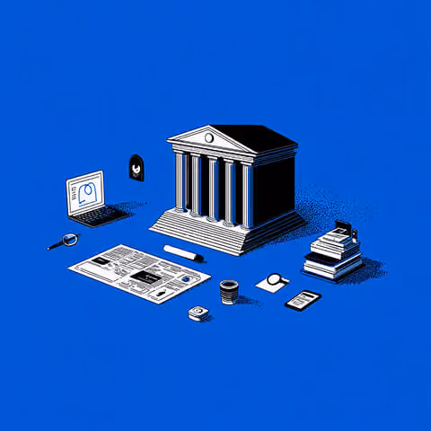 Courthouse building with digital devices, documents, and financial elements, representing the intersection of legal services, marketing, and business operations.