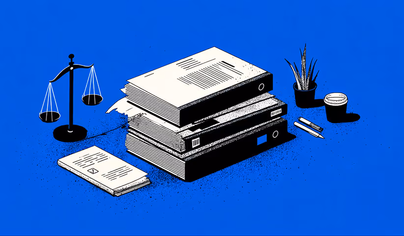 Stack of legal documents with a scale and office tools, representing compliance, case management, and structured legal marketing processes.