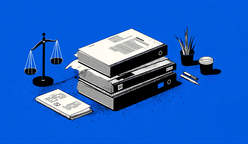 Stack of legal documents with a scale and office tools, representing compliance, case management, and structured legal marketing processes.