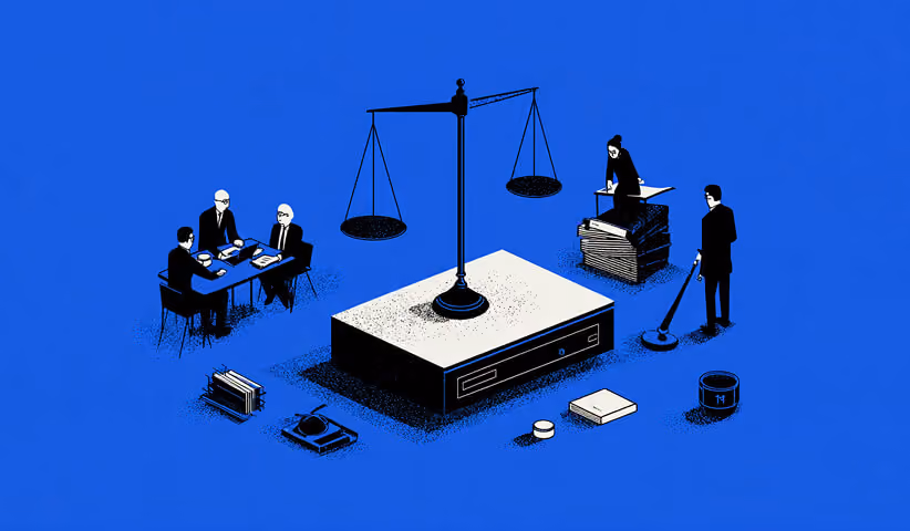 Legal professionals working around a central scale, representing collaboration, strategy, and balanced decision-making in legal marketing teams.