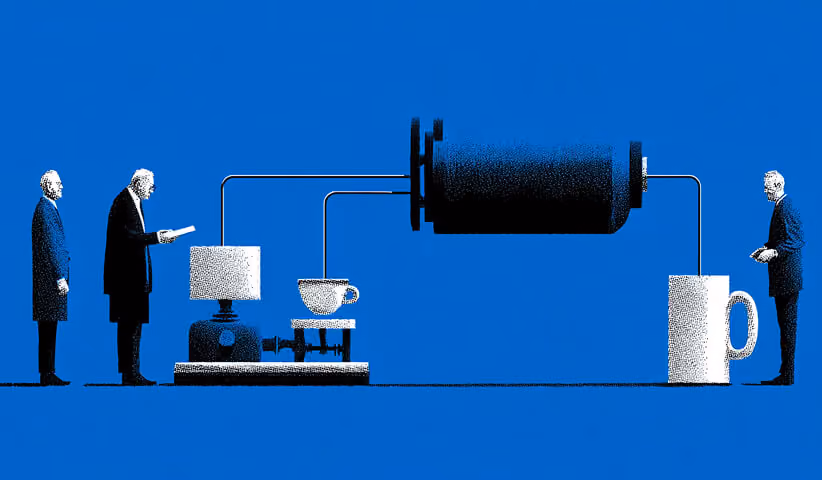 Abstract system connecting two individuals through machinery, symbolizing lead generation funnels and client conversion processes.