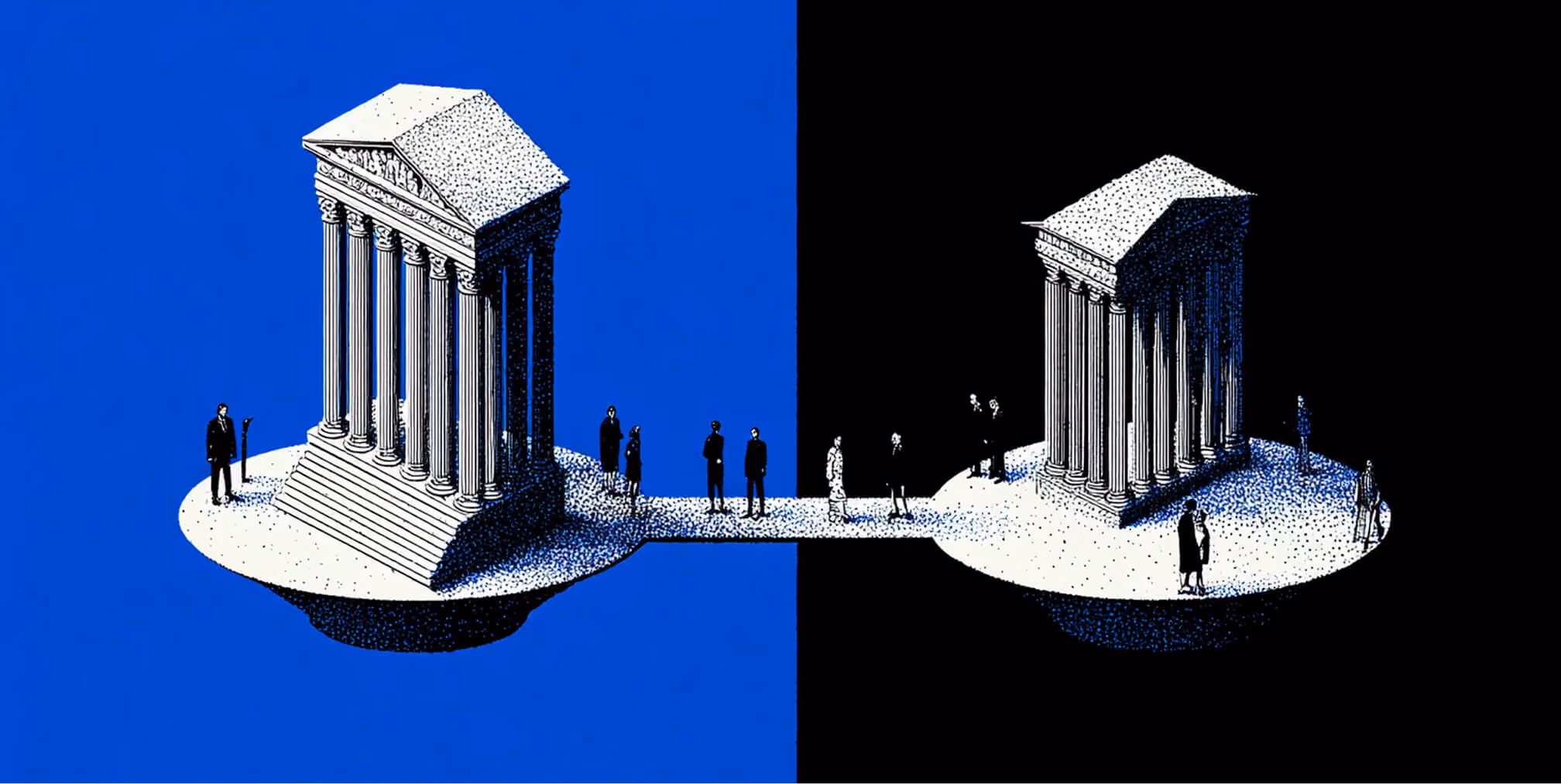 Two courthouse structures connected by a bridge, representing partnerships, trust-building, and the connection between law firms and clients.