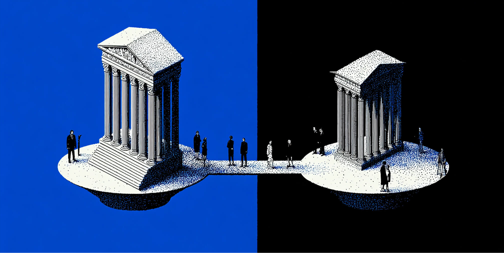 Two courthouse structures connected by a bridge, representing partnerships, trust-building, and the connection between law firms and clients.