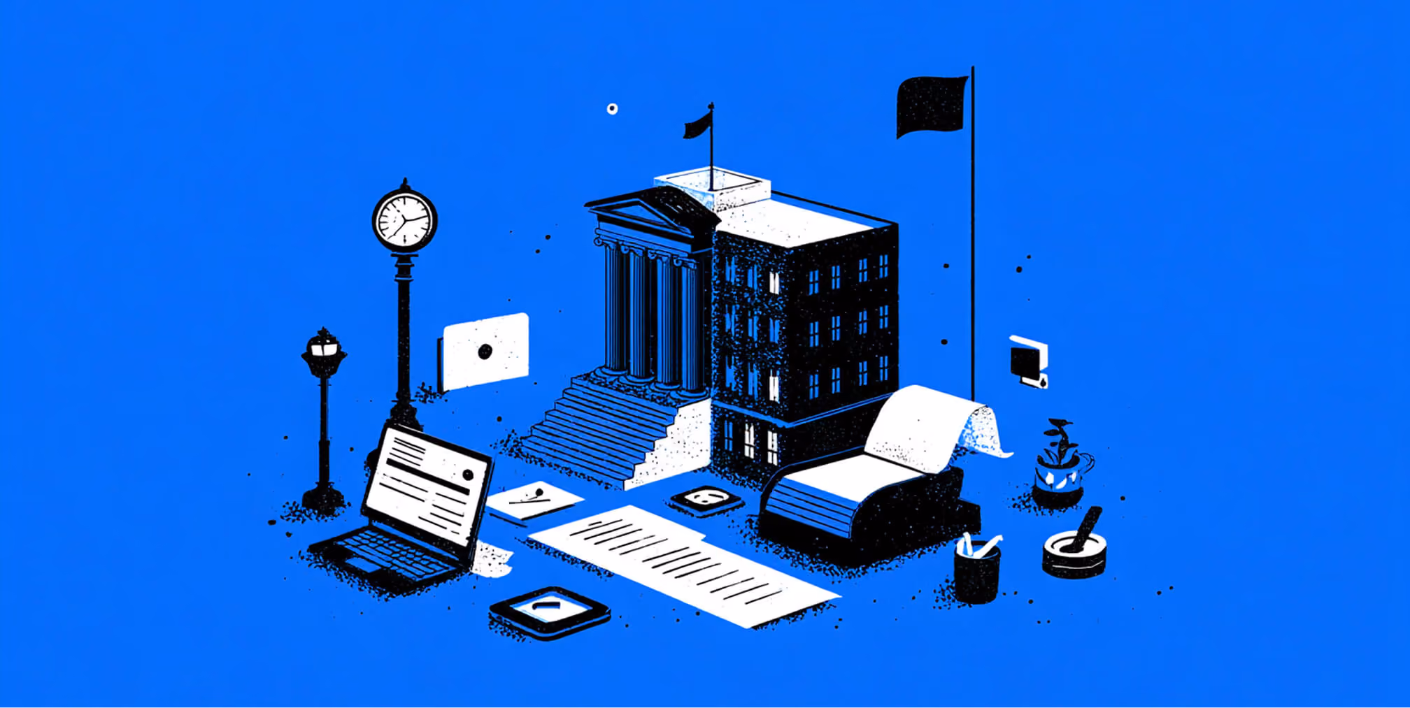 Courthouse surrounded by digital tools, documents, and communication elements, illustrating a fully integrated legal marketing ecosystem.