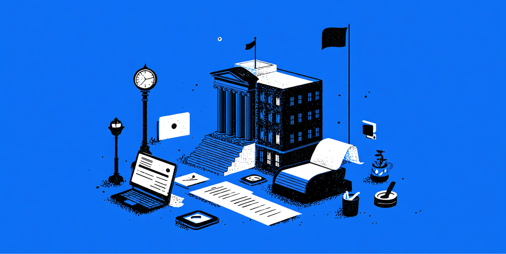 Courthouse surrounded by digital tools, documents, and communication elements, illustrating a fully integrated legal marketing ecosystem.
