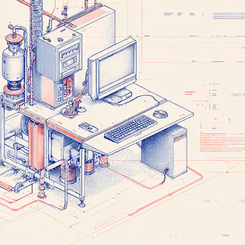 Complex workstation with machinery and computer setup, representing the operational foundation and systems behind a rebrand.