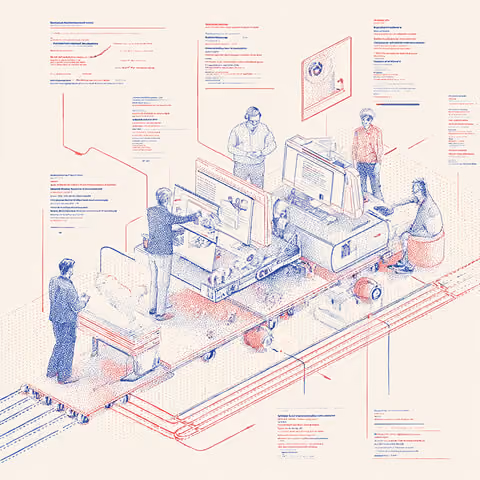 Team working along a production line with screens and data, representing collaborative execution and structured workflows in a rebrand.