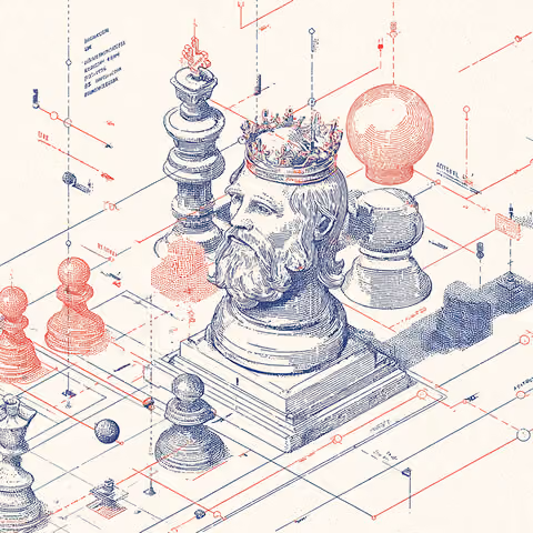 Chess pieces with a crowned king, symbolizing strategic positioning, leadership decisions, and competitive planning in rebranding.