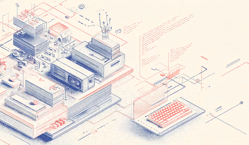 Layered systems connected to a keyboard interface, illustrating the integration of brand strategy, technology, and implementation.