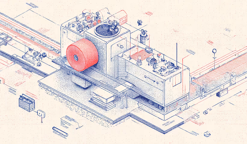 Industrial machine with interconnected components, symbolizing the complexity and coordination required to execute a rebrand.