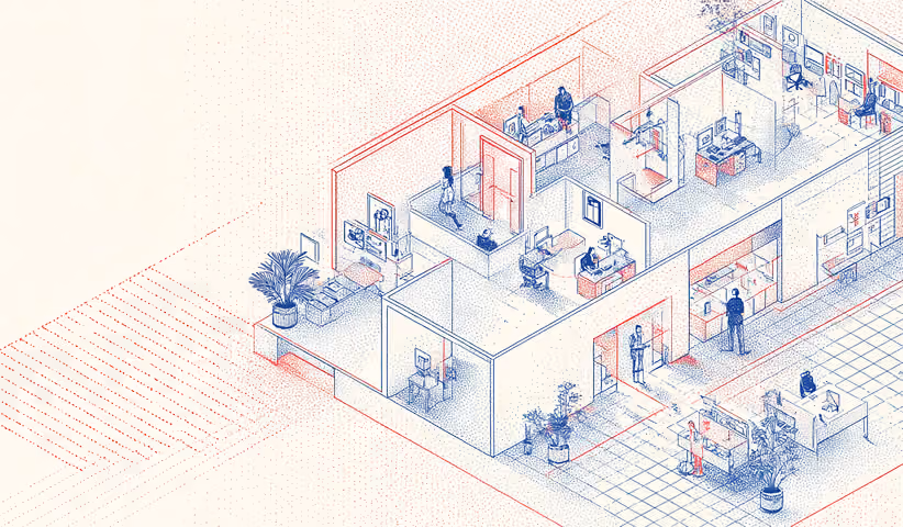 Office floor plan with multiple teams and rooms, representing cross-functional collaboration and internal alignment during rebranding.