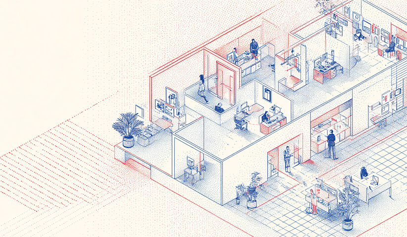 Office floor plan with multiple teams and rooms, representing cross-functional collaboration and internal alignment during rebranding.