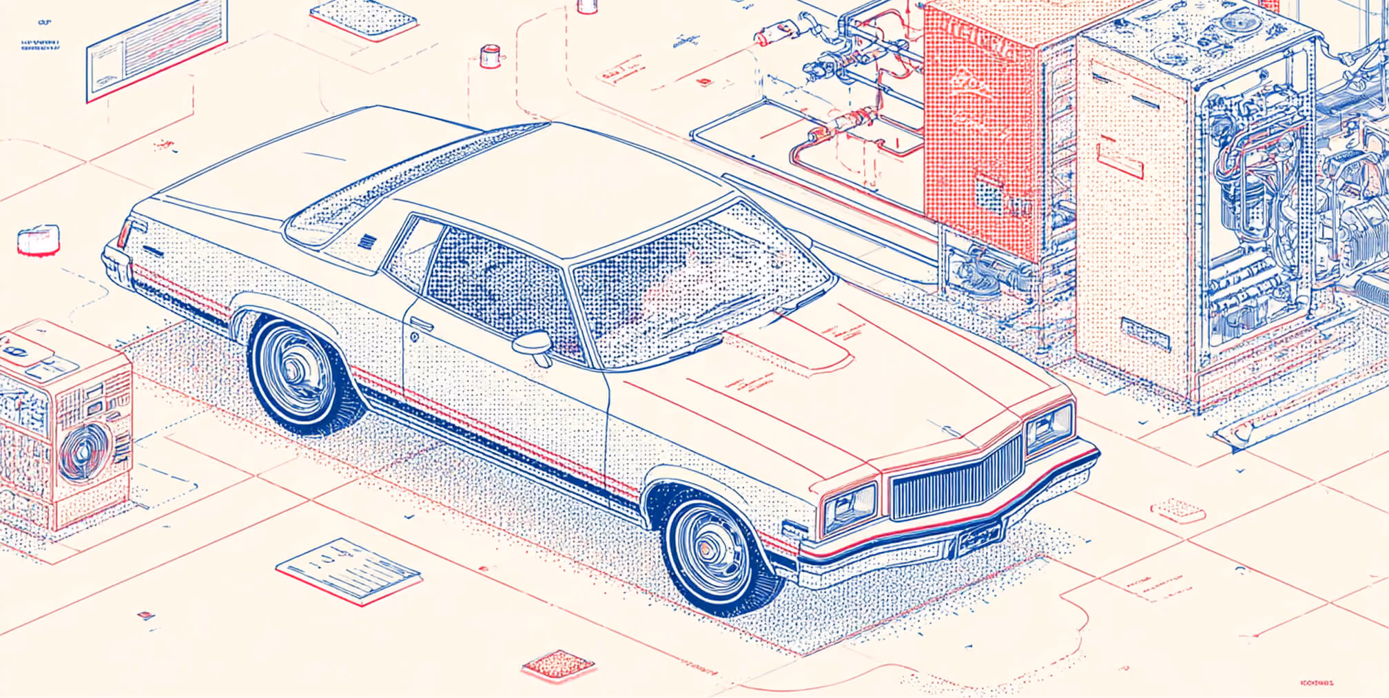 Car connected to mechanical and digital systems, symbolizing transformation, transition, and the evolution of a brand moving forward.