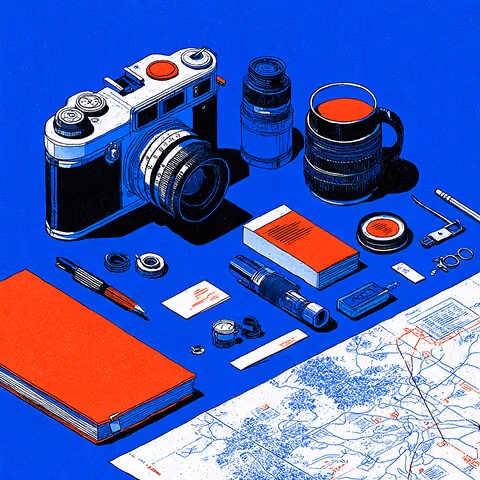 Creative tools including camera, lenses, notebook, and map, symbolizing brand storytelling, content creation, and visual identity work.