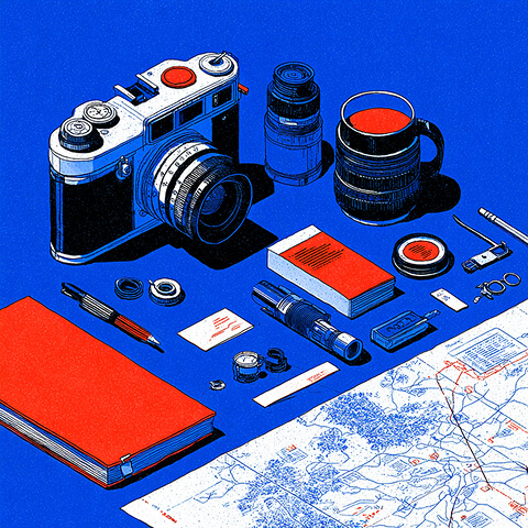 Creative tools including camera, lenses, notebook, and map, symbolizing brand storytelling, content creation, and visual identity work.