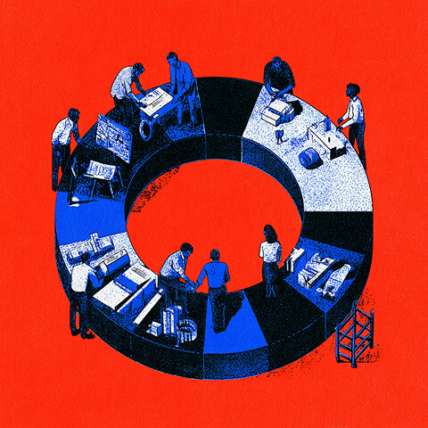 Circular workflow with teams working in different segments, representing the full-cycle process of strategy, design, and execution.