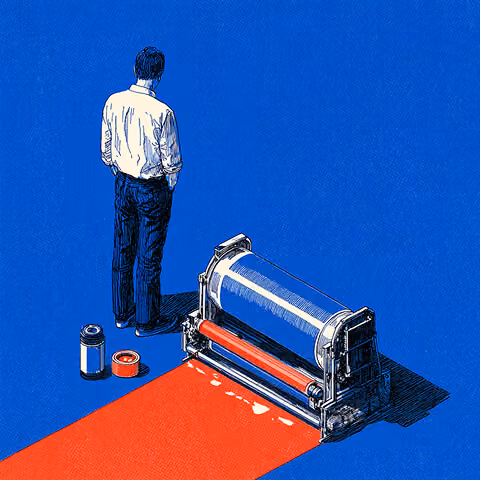 Person standing beside a printing press producing a bold red sheet, symbolizing the creation and rollout of a new brand identity.