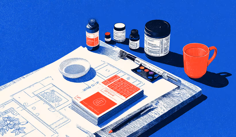 Desk with packaging mockups, color samples, and product containers, representing brand design, packaging strategy, and visual identity development.