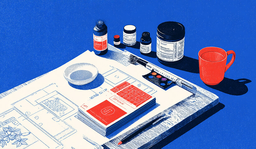 Desk with packaging mockups, color samples, and product containers, representing brand design, packaging strategy, and visual identity development.