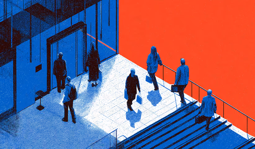 People entering and exiting a modern building, symbolizing customer touchpoints, brand experience, and real-world brand interaction.