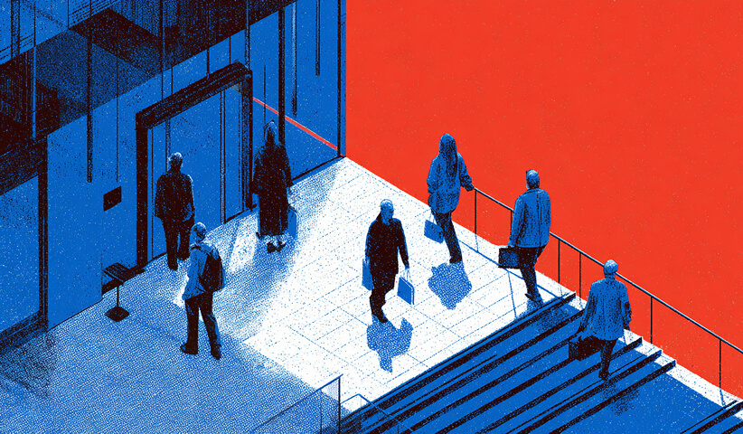 People entering and exiting a modern building, symbolizing customer touchpoints, brand experience, and real-world brand interaction.