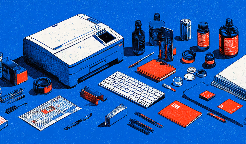 Printer surrounded by branded materials, stationery, and product elements, representing production, brand rollout, and asset creation.
