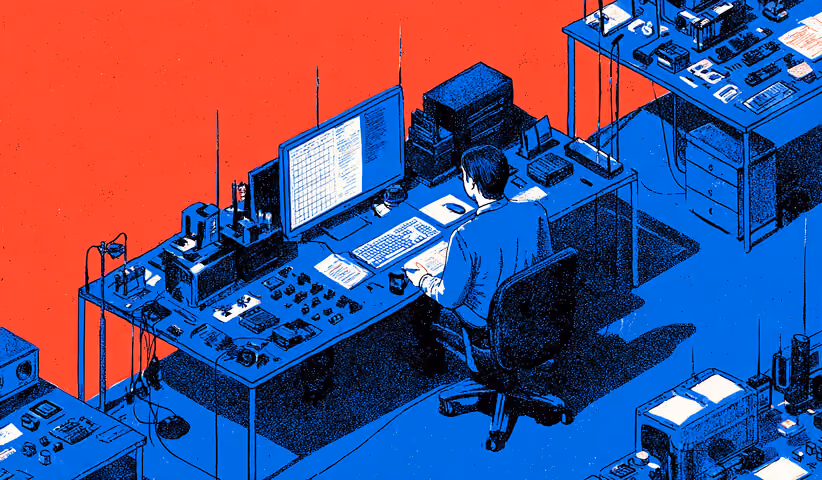 Person working at a desk with technical equipment and screens, symbolizing digital execution, systems, and brand implementation.