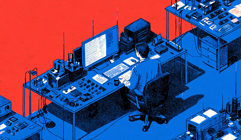 Person working at a desk with technical equipment and screens, symbolizing digital execution, systems, and brand implementation.