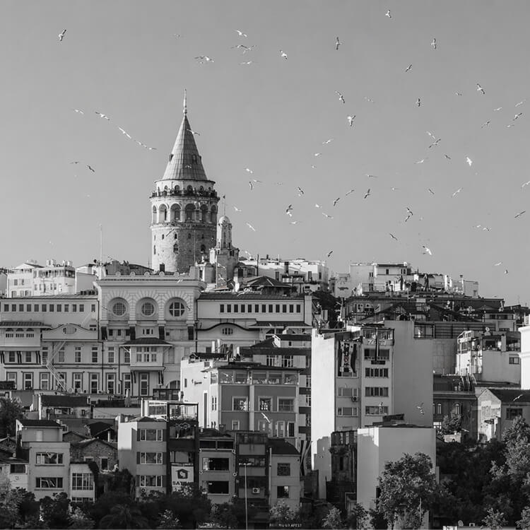 Black and white image of Galata Tower rising above historic buildings in Istanbul.