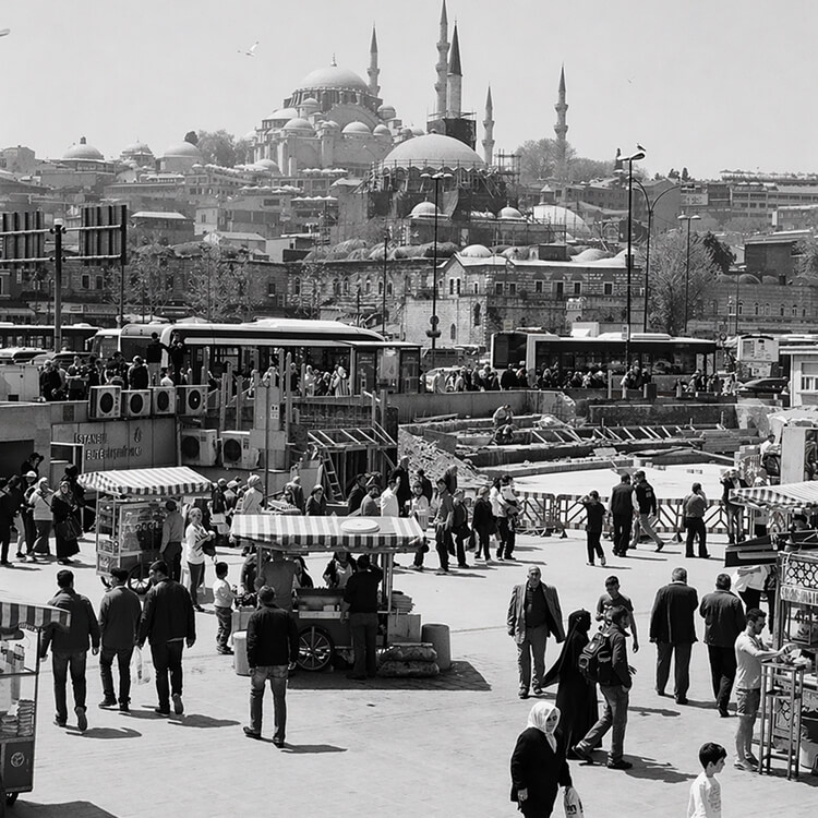 Black and white image of a busy public square in Istanbul with people, vendors, and mosques.