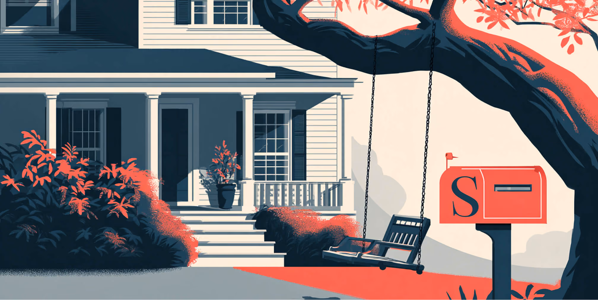 Front of a house with a branded mailbox and porch swing, symbolizing how branding extends into everyday environments and lifestyle touchpoints.