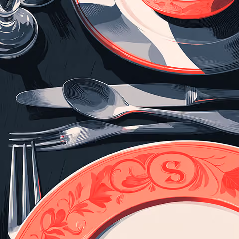 Dining table with plates and glassware featuring a monogram, symbolizing branded experiences and identity across lifestyle settings.