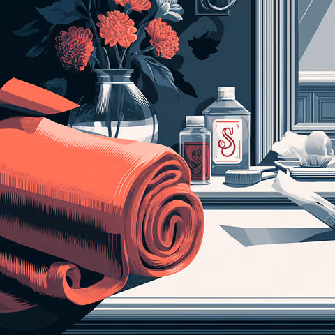 Folded towels and home care products with a consistent “S” monogram, representing cohesive brand identity across household goods.